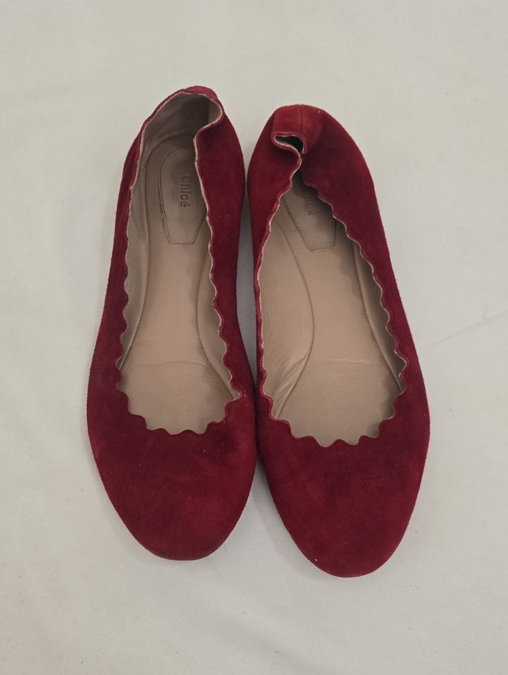 Chloe Red Suede Scalloped Edge Ballet Flats 39